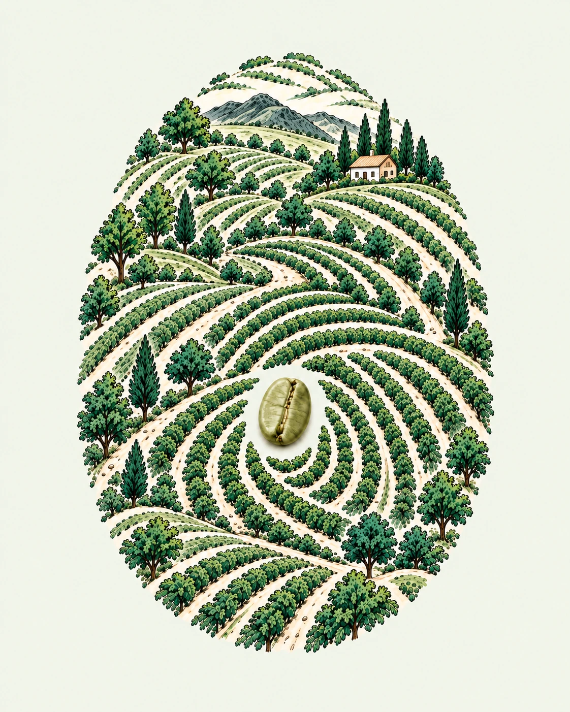 A coffee farm illustrated in the shape of a fingerprint.
