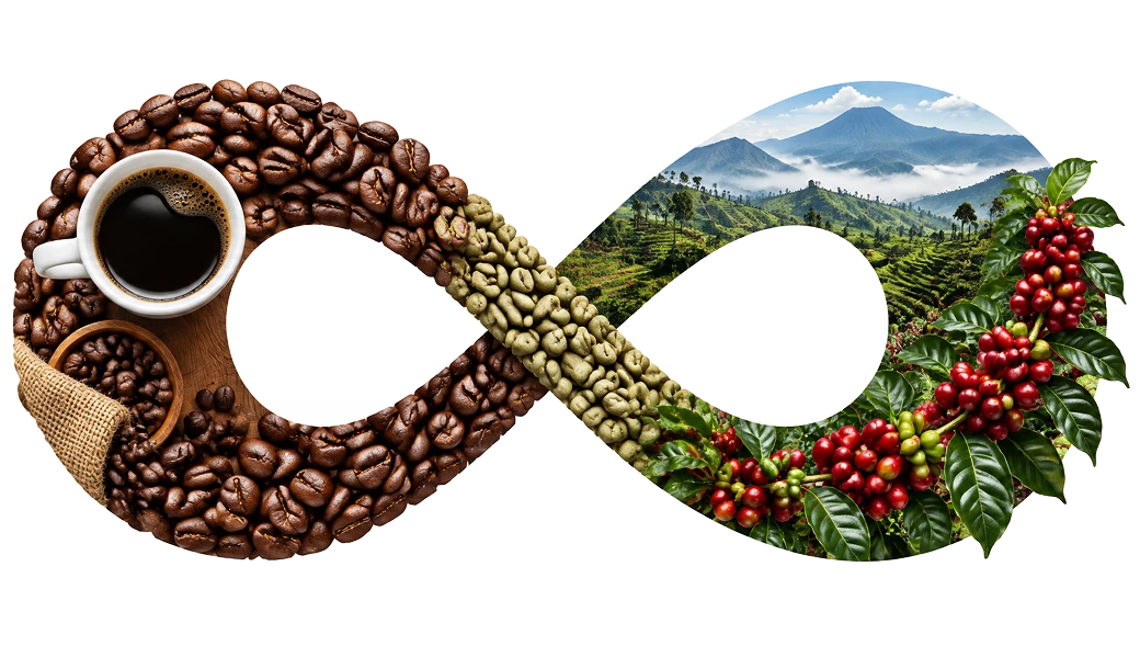 An infinity loop connects roasted coffee and tasting with coffee farms and ripe cherries.
