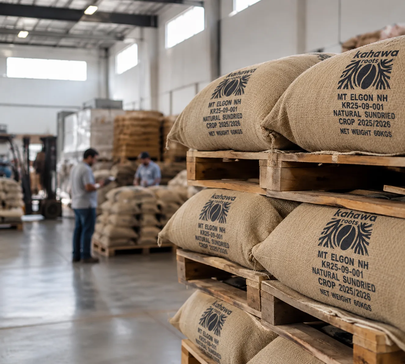 Kahawa Roots coffee sacks in a warehouse