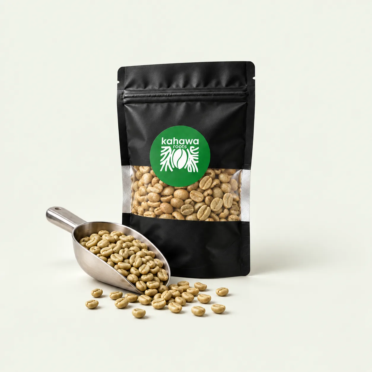 Kahawa Roots coffee pouch with green coffee beans