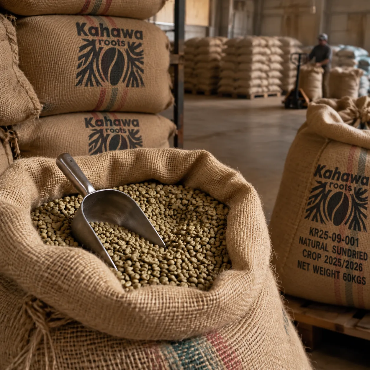 Open Kahawa Roots sack of green coffee with a scoop, beside branded 60 kg sacks in the warehouse