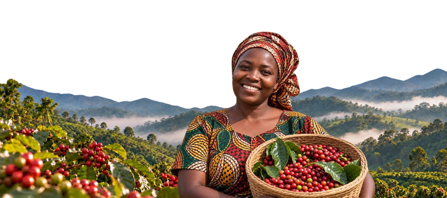 Farmer holding a basket of ripe coffee cherries in the highlands