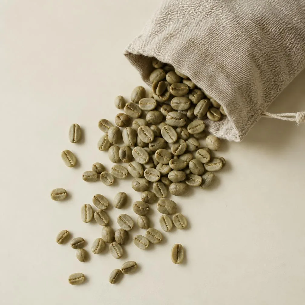 Mount Elgon green coffee beans spilling from a sack