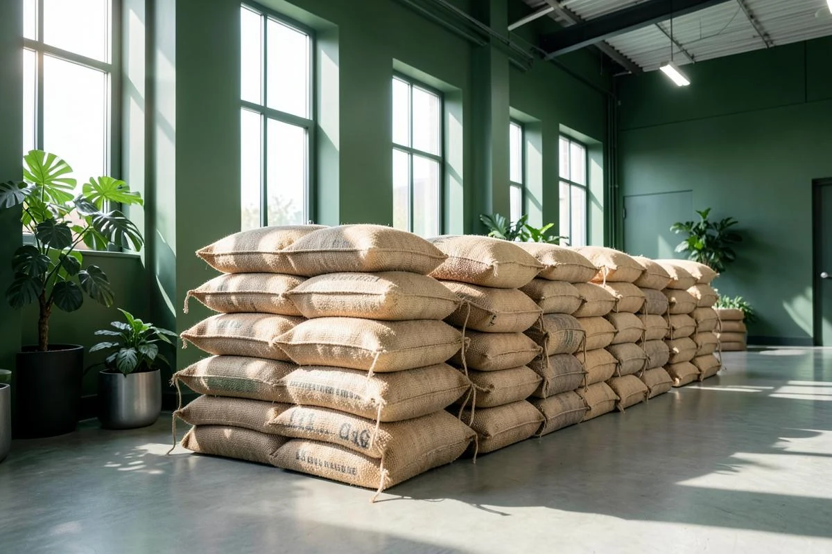 Coffee sacks arranged in the Kahawa Roots warehouse